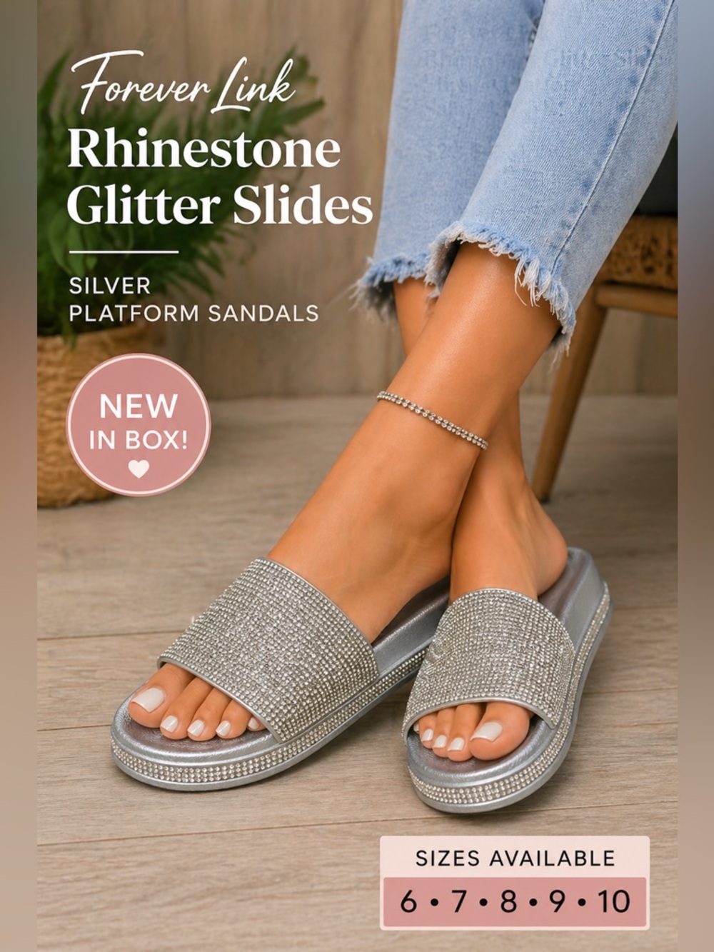 Forever Link Silver Rhinestone Glitter Slide Platform Sandals NWB